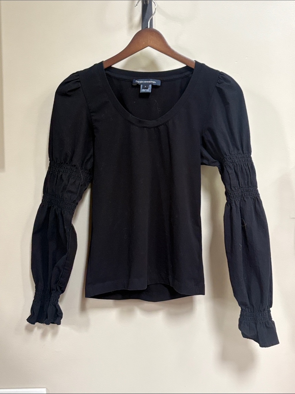 French Connection Black Long-Sleeve Smocked Puff-Sleeve Top